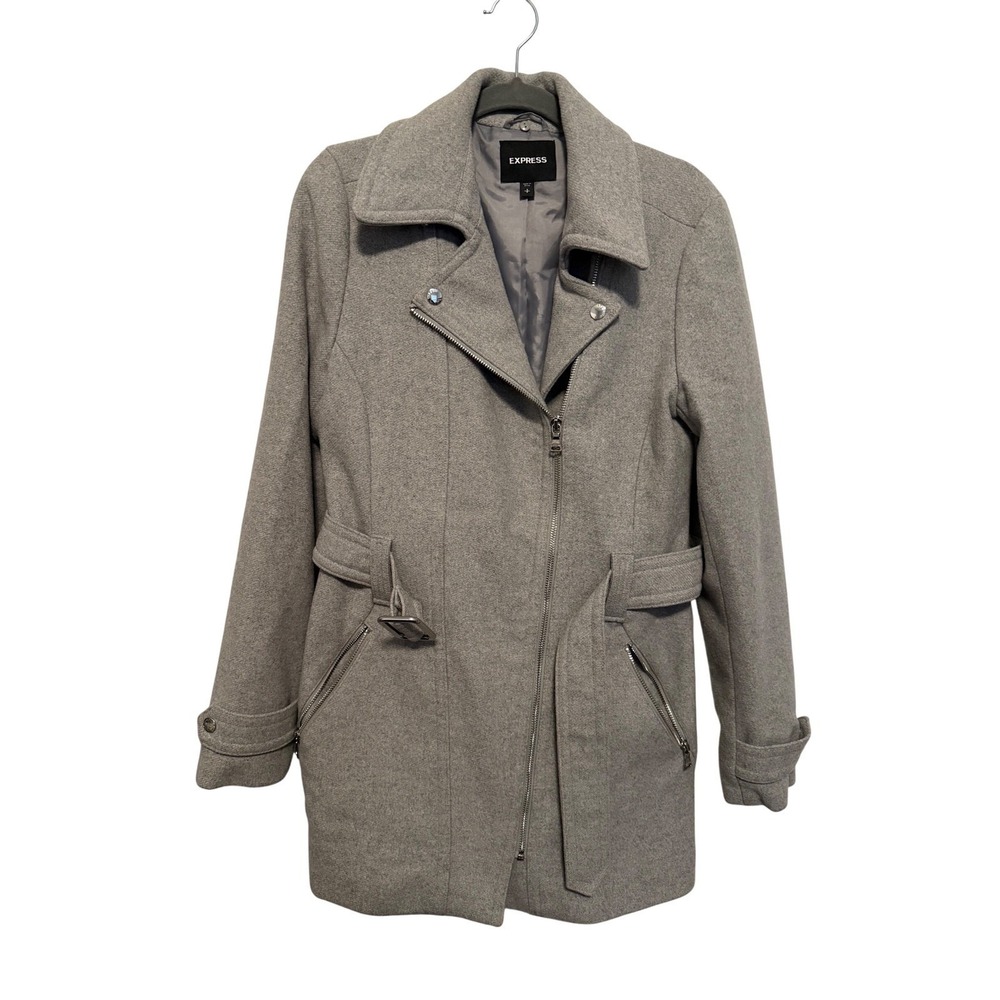 Express Women's Gray Moto Jacket‎ Coat Zip Front Wool Blend Belted Small